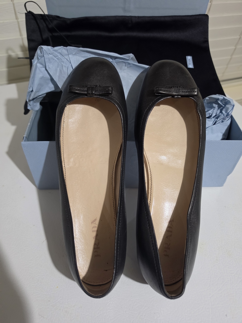 Prada Women's Black Leather Ballet Flats - Picture 1 of 9